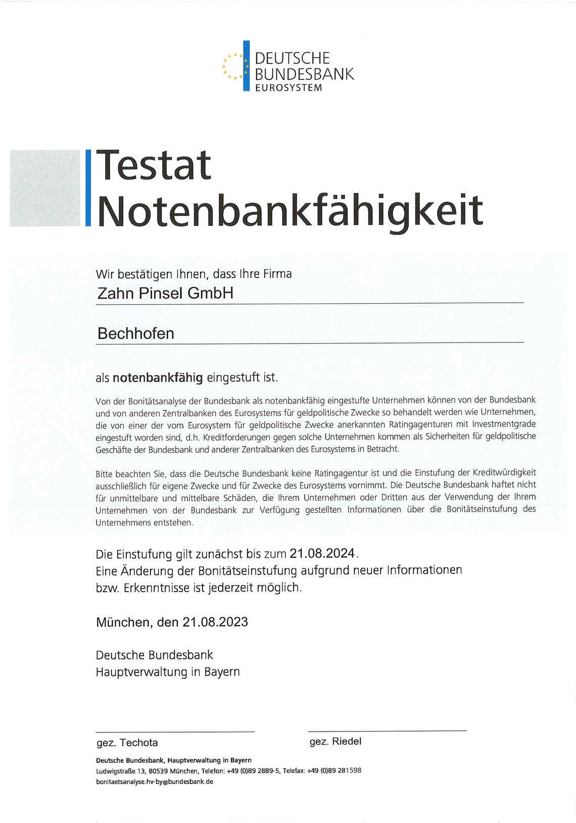 Zahn Pinsel GmbH Testat Notenbankfähigkeit 